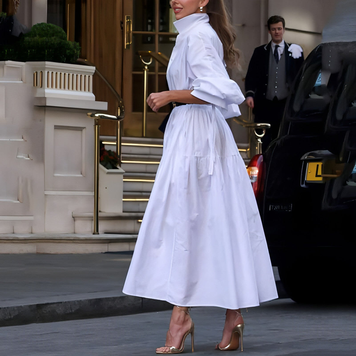 White Lapel Belt Dress