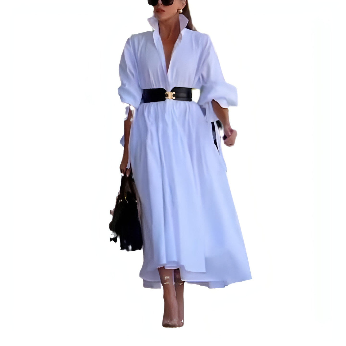 White Lapel Belt Dress
