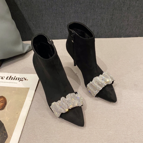 Women's Black Rhinestone Martin Boots – Chic, Sparkling Sharp