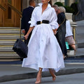 White Lapel Belt Dress