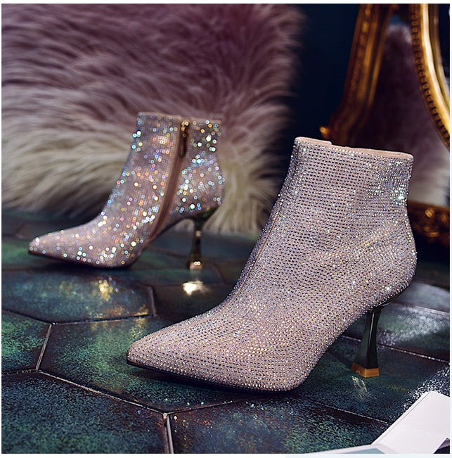 Full Diamond Pointed Toe Short Boots Golden Bridesmaid Wedding
