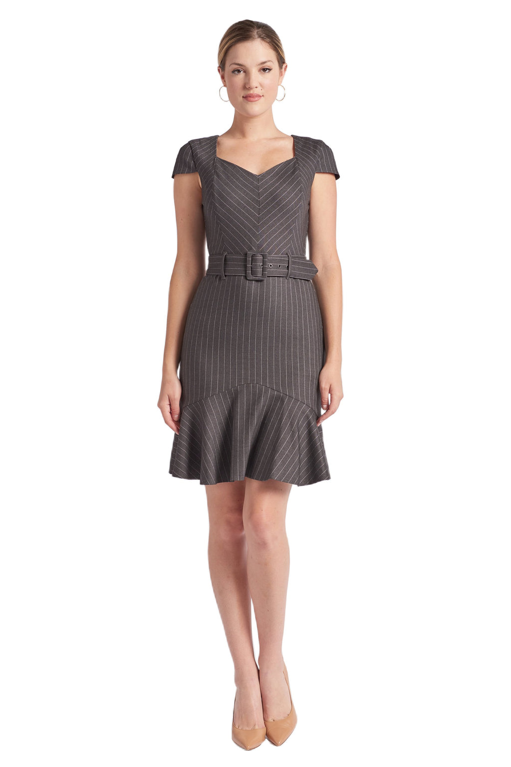 Chelsea Pinstripe Dress - V-Neck Cap Sleeve Work Dress with Ruffle Hem