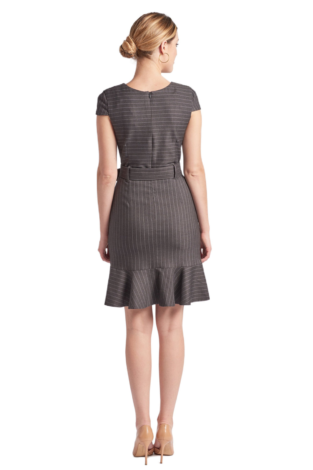 Chelsea Pinstripe Dress - V-Neck Cap Sleeve Work Dress with Ruffle Hem