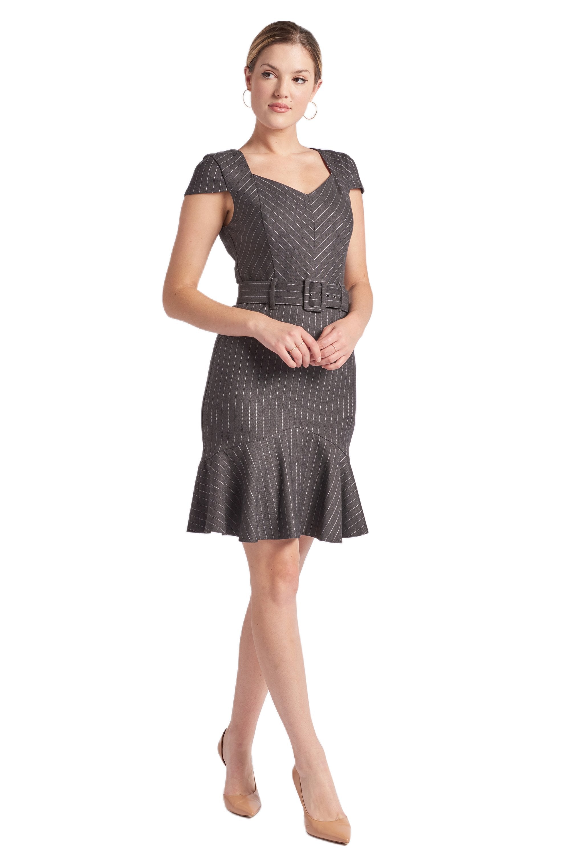Chelsea Pinstripe Dress - V-Neck Cap Sleeve Work Dress with Ruffle Hem
