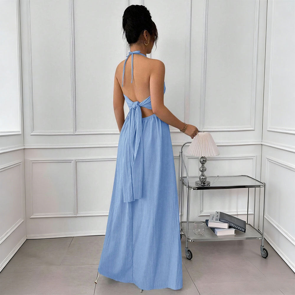 Summer Blue Halter Backless Dress Lace up Waist Slimming Seaside