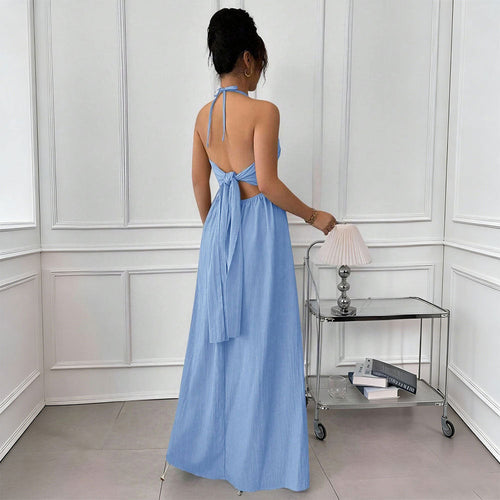Azure Dream — Halter Backless Lace-Up Maxi Dress