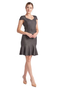 Chelsea Pinstripe Dress - V-Neck Cap Sleeve Work Dress with Ruffle Hem