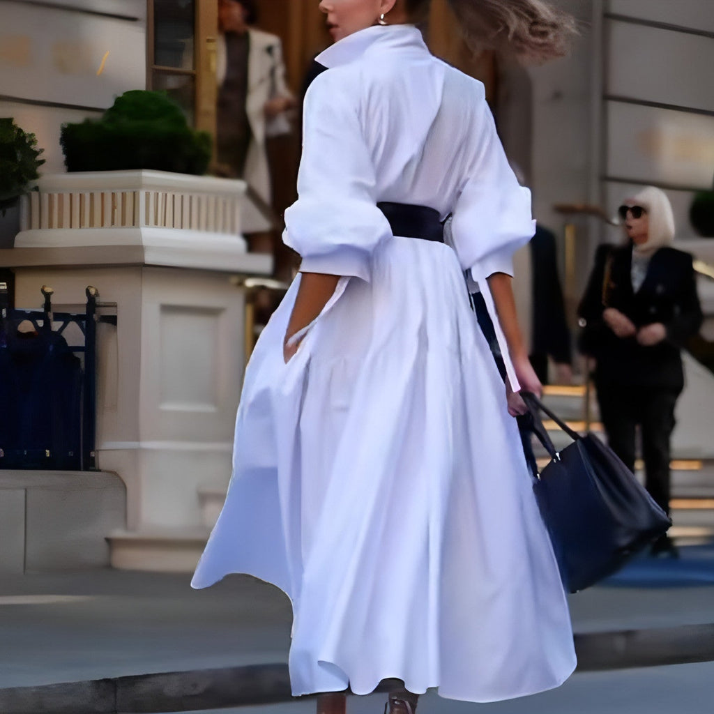 White Lapel Belt Dress
