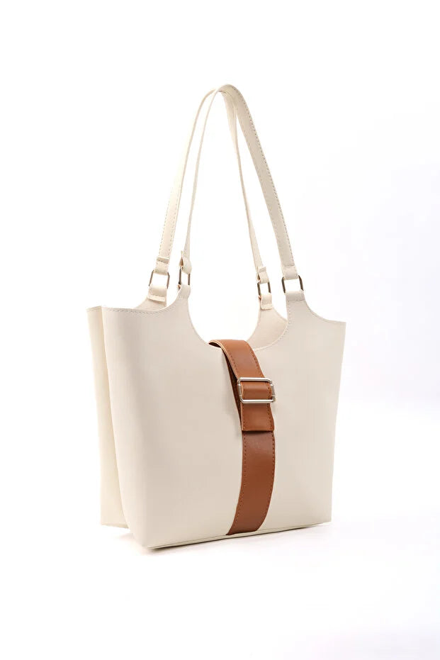 Brown Faux Leather Snap Closure Crossbody Hand Bag Single White