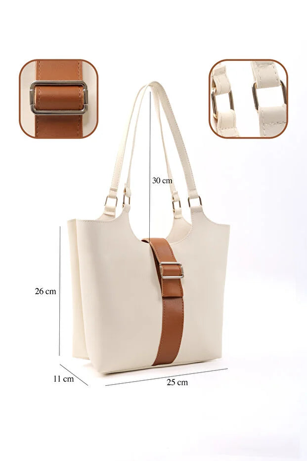 Brown Faux Leather Snap Closure Crossbody Hand Bag Single White