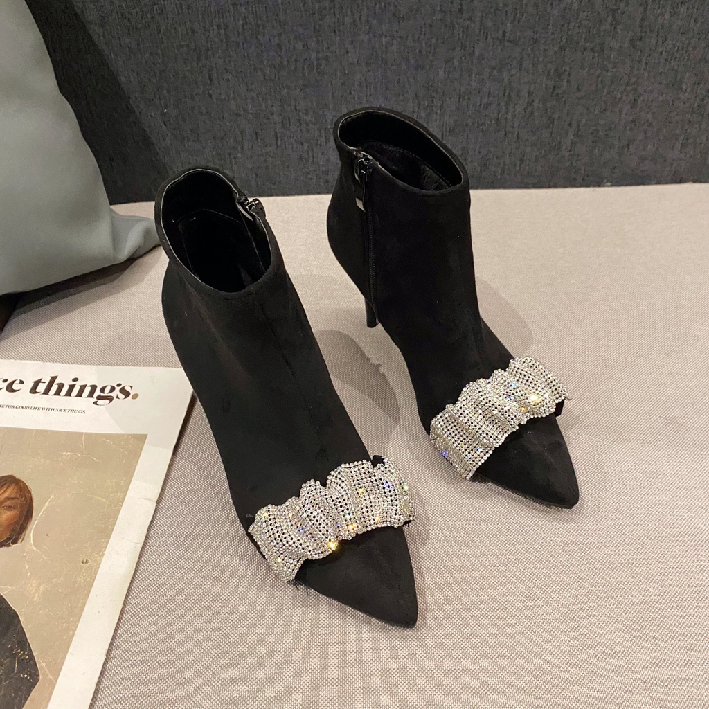 Women's Black Rhinestone Martin Boots – Chic, Sparkling Sharp