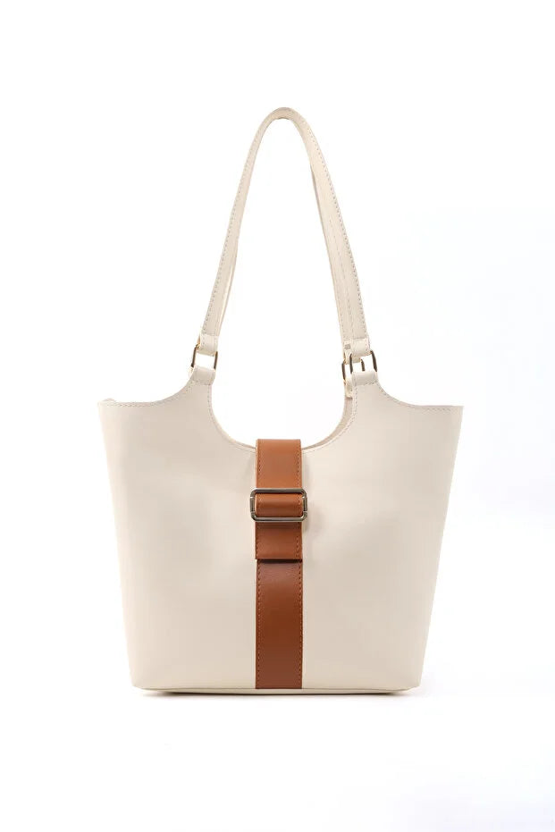 Brown Faux Leather Snap Closure Crossbody Hand Bag Single White