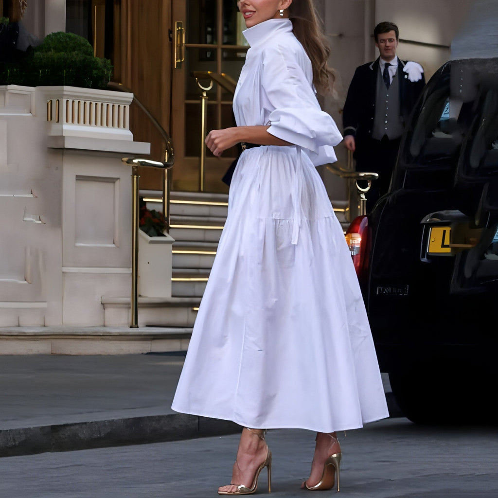 White Lapel Belt Dress