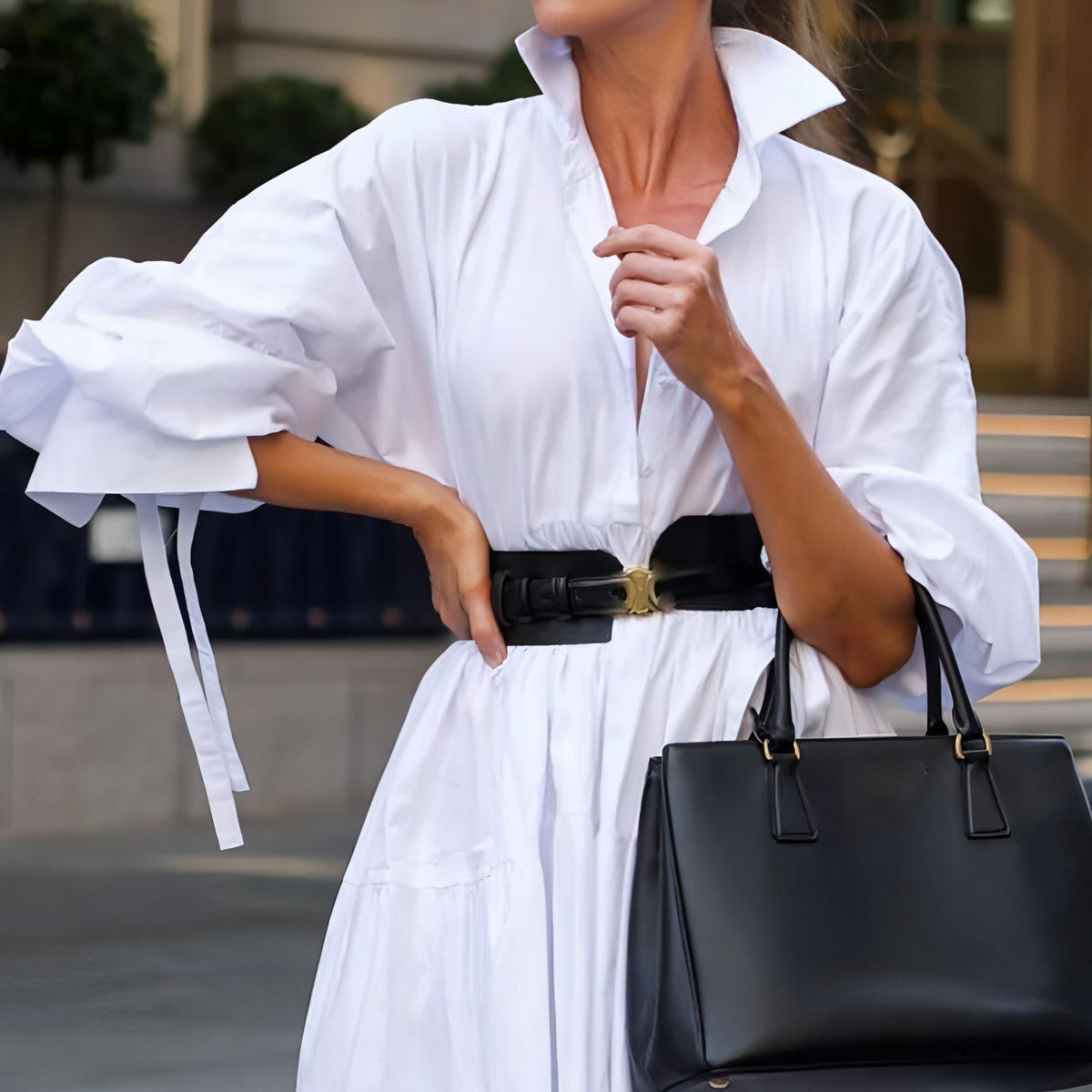White Lapel Belt Dress